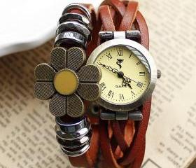 Handmade Weave Sunflower Bracelet Watch-brown