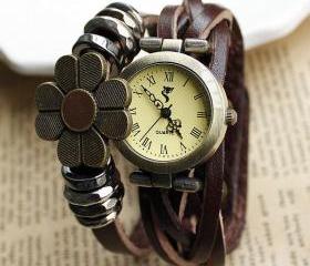 handmade Weave Sunflower Bracelet Watch-dark brown