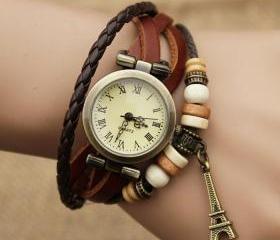 Fashion Twist Eiffel Tower Bracelet Watch- brown