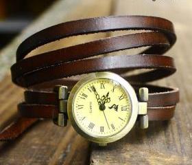 Vintage Style 5 circles dial Leather Retro Watch-Dark brown