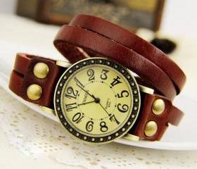 Retro wrap Twining Leather Bracelet Watch-red