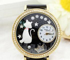 Cute Cat Crown Rhinestone Trim Watch